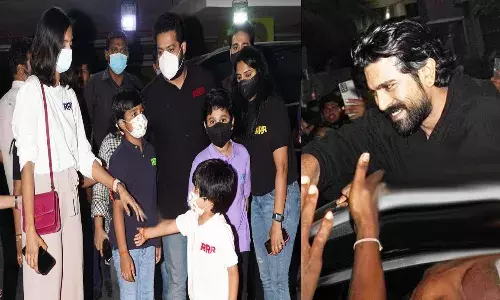 ఆర్ఆర్ఆర్ థియేటర్స్  వద్ద పండగ వాతావరణం.. బెనిఫిట్ షోని చూసిన ఎన్టీఆర్, చరణ్