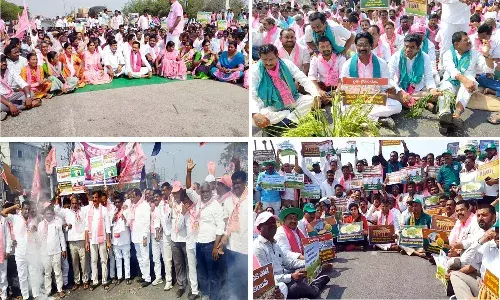 జాతీయ రహదారులపై టీఆర్ఎస్ శ్రేణుల రాస్తారోకో.. కేంద్రం ధాన్యాన్ని కొనాల్సిందే