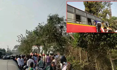పొదల్లోకి దూసుకెళ్లిన ఆర్టీసీ బస్సు