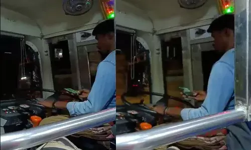 మొబైల్ చూసుకుంటూ బస్సు నడిపిన డ్రైవర్.. ఇతడు వాడుతున్న ఫోన్ ఏ కంపెనీదో చెప్పుకోండి చూద్దాం