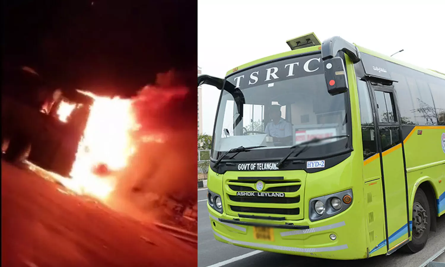 bus catches fire, Telangana, Pedda Amberpet, TSRTC