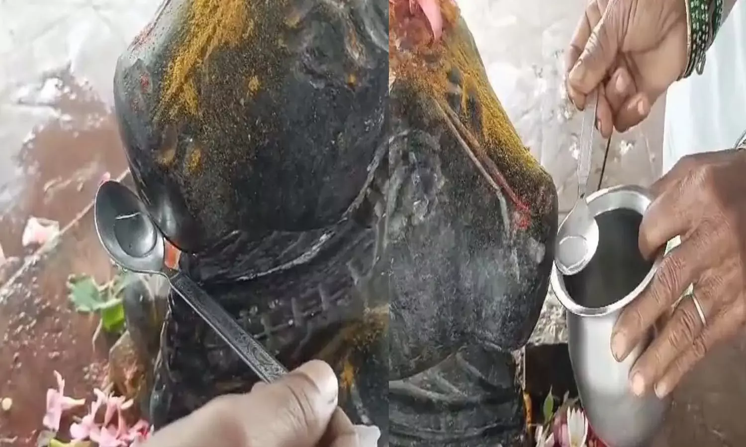 Nandi statue, drinking milk, Devotees queuing,
