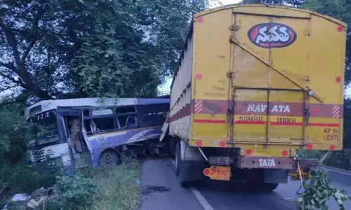 Road accident, Palnadu district, RTC bus collided lorry