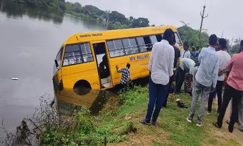 Vikarabad, School bus, plunged into a pond,  40 students Safe,