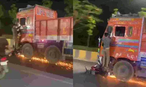 బైక్‌ని గుద్ది రెండు కిలోమీటర్లు ఈడ్చుకెళ్లిన లారీ డ్రైవర్