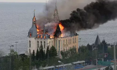 Ukraine, Harry Potter castle, fire, Russian airstrike
