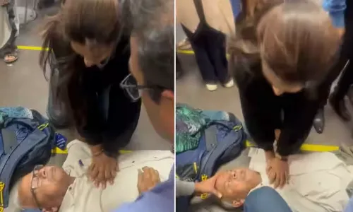 delhi airport, man, heart attack, lady doctor, cpr, viral video,