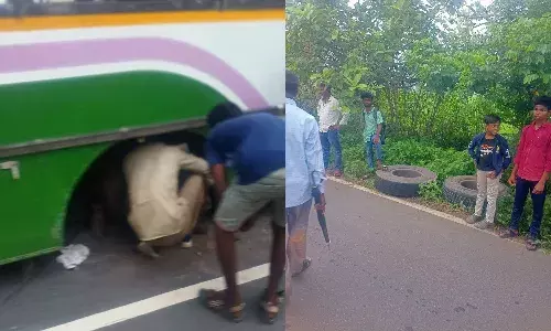 jagtial, rtc bus, Two tires, Telangana,