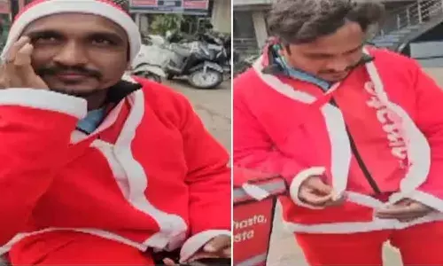 Delivery man, Santa costume, saffron, Hindu festivals