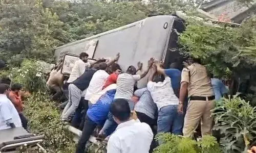 Hyderabad, Bus over turns, PeddaAmberpet, ORR Hyderabad, Bus over turns, PeddaAmberpet, ORR