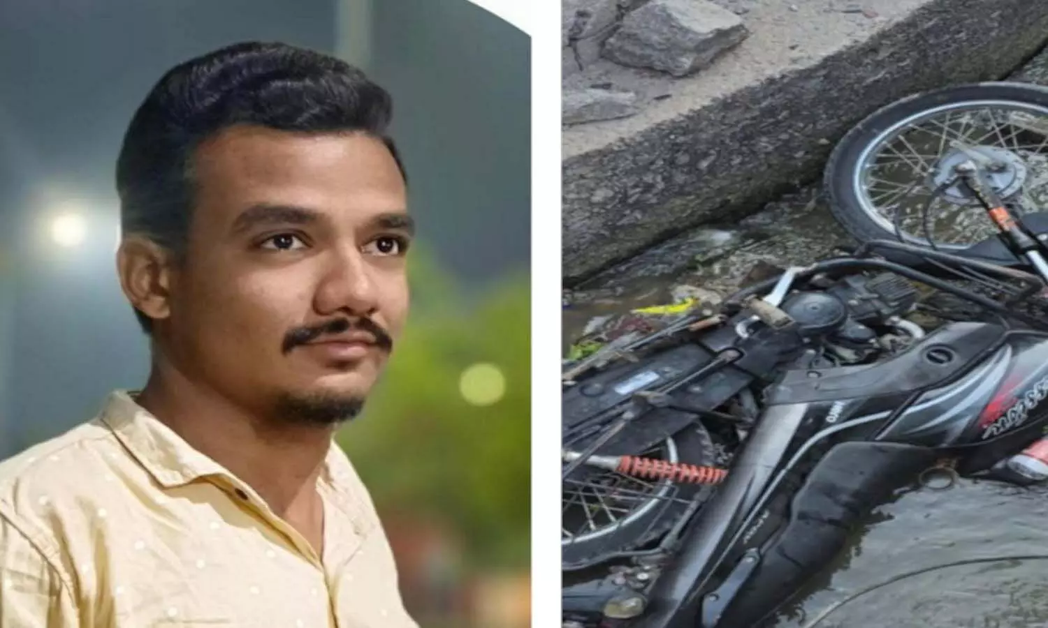 Motorcyclist falls into drainage, Vemulawada, Telangana