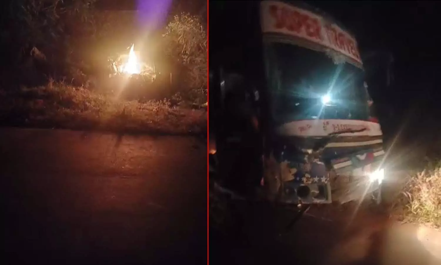 Private travel bus collides with car, Shankarpally, Rangareddy district, Telangana