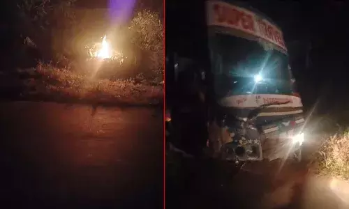 Private travel bus collides with car, Shankarpally, Rangareddy district, Telangana