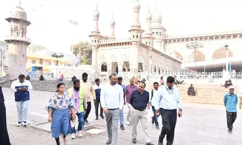 GHMC Ramzan Sanitation, Mecca Masjid cleaning, Charminar sanitation drive, RV Karnan IAS Visit, Hyderabad Ramzan 2026 preparations, Madina area cleanliness