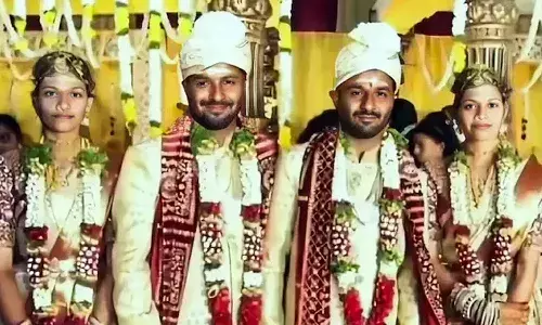 Twin brothers marry twin sisters, Kamareddy double wedding, Identical twins marriage Telangana, Rare wedding ceremony Kamareddy, Vijay Vinay Keerthana Keerthi wedding, Trending wedding news Telangana